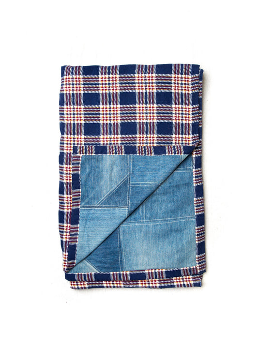 Vintage Handmade Plaid Blue Wool & Denim Jean Quilt Lined Blanket | 53" by 66" | 4.5 ft X 5.5 ft