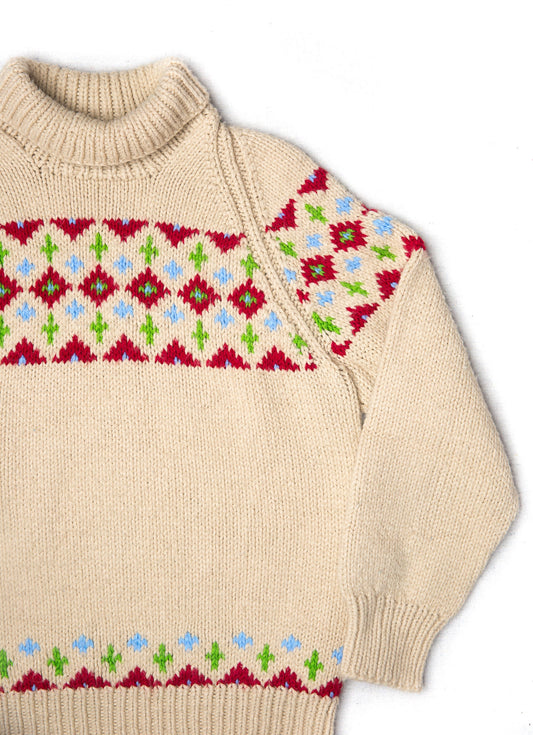 Vintage Beige Cream Norwegian Style Knit Pullover Sweater | Handmade Knitwear Turtleneck | Medium